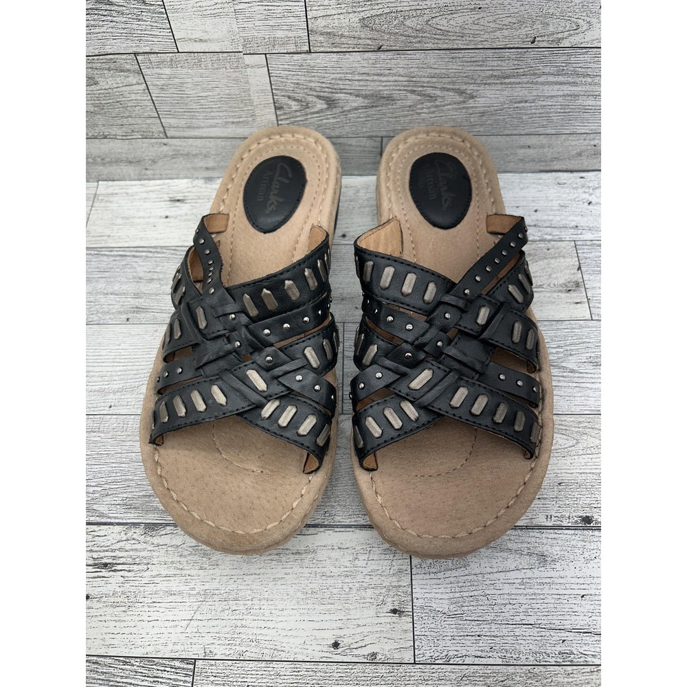 Clarks Artisan Shoes Womens Size 6 Medium‎ Black Leather Slide Sandals Comfort
